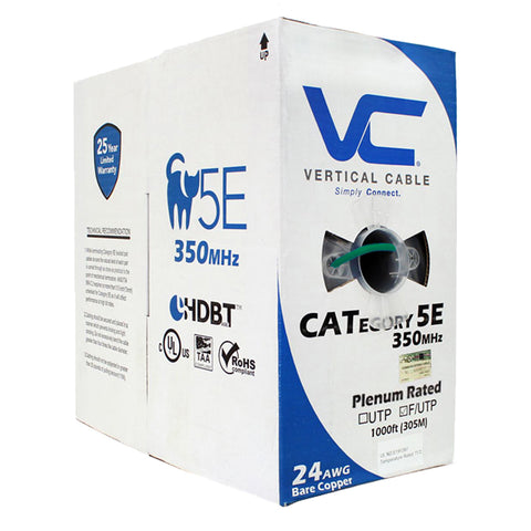 Cat5e, 350 MHz, Shielded, 24AWG, Solid Bare Copper, Plenum, 1000ft, Green, Bulk Ethernet Cable