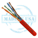 CAT5E, 350 MHz, UTP, 24AWG, 8C Solid Bare Copper, Plenum, 1000ft, Red, Bulk Ethernet Cable  - Made in USA
