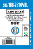CAT6, 550 MHz, UTP, 23AWG, 8C Solid Bare Copper, Plenum, 1000ft, Blue, Bulk Ethernet Cable  - Made in USA