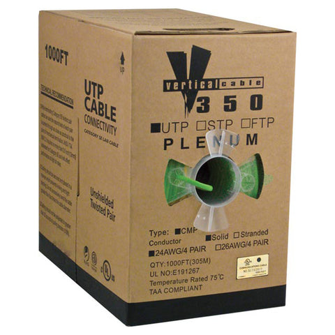 CAT5E, 350 MHz, UTP, 24AWG, 8C Solid Bare Copper, Plenum, 1000ft, Green, Bulk Ethernet Cable