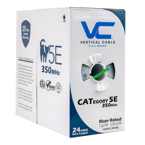 Cat5e, 350 MHz, Shielded, 24AWG, Solid Bare Copper, 1000ft, Green, Bulk Ethernet Cable
