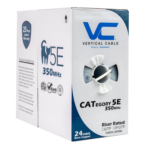 Cat5e, 350 MHz, Shielded, 24AWG, Solid Bare Copper, 1000ft, White, Bulk Ethernet Cable