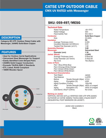 Cat5e, 350 Mhz, UTP, UV Jacket, Outdoor, CMX, Messenger, 1000ft, Black,  Bulk Ethernet Cable, Wooden Spool