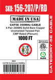 CAT5E, 350 MHz, UTP, 24AWG, 8C Solid Bare Copper, Plenum, 1000ft, Red, Bulk Ethernet Cable  - Made in USA