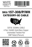 CAT5E, 350 MHz, UTP, 24AWG, 8C Solid Bare Copper, Plenum, 1000ft, White, Bulk Ethernet Cable  - Made in USA - UL Listed