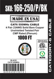 CAT6, 550 MHz, UTP, 23AWG, 8C Solid Bare Copper, Plenum, 1000ft, Black, Bulk Ethernet Cable  - Made in USA