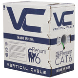 CAT6, 550 MHz, UTP, 23AWG, 8C Solid Bare Copper, Plenum, 1000ft, Green, Bulk Ethernet Cable  - Made in USA