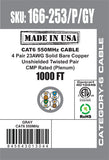 CAT6, 550 MHz, UTP, 23AWG, 8C Solid Bare Copper, Plenum, 1000ft, Gray, Bulk Ethernet Cable  - Made in USA
