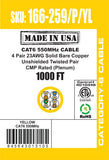 CAT6, 550 MHz, UTP, 23AWG, 8C Solid Bare Copper, Plenum, 1000ft, Yellow, Bulk Ethernet Cable  - Made in USA
