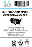 CAT6, 550 MHz, UTP, 23AWG, 8C Solid Bare Copper, Plenum, 1000ft, Blue, Bulk Ethernet Cable  - Made in USA - UL Listed