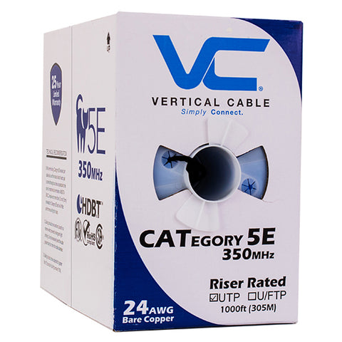 Cat5e, 350 MHz, UTP, 24AWG, 8C Solid Bare Copper, 1000ft, Black, Bulk Ethernet Cable