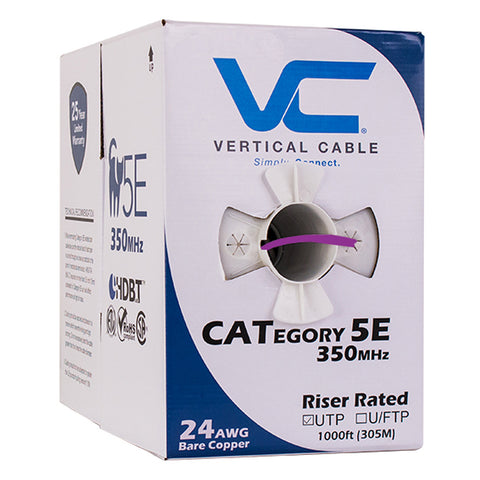 Cat5e, 350 MHz, UTP, 24AWG, 8C Solid Bare Copper, 1000ft, Purple, Bulk Ethernet Cable