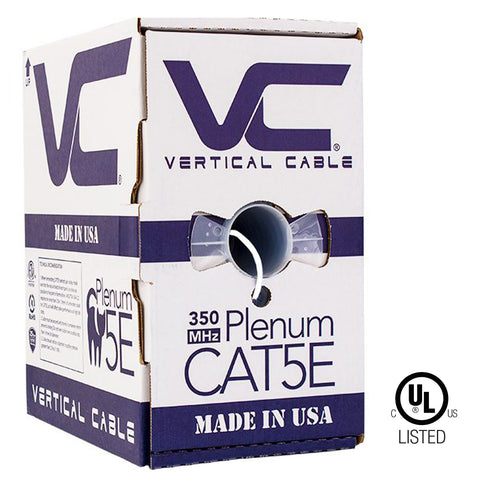 CAT5E, 350 MHz, UTP, 24AWG, 8C Solid Bare Copper, Plenum, 1000ft, White, Bulk Ethernet Cable  - Made in USA - UL Listed